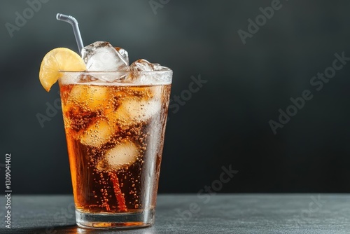 Obraz na płótnie Pour soft drink in glass with ice splash on dark background w salonie