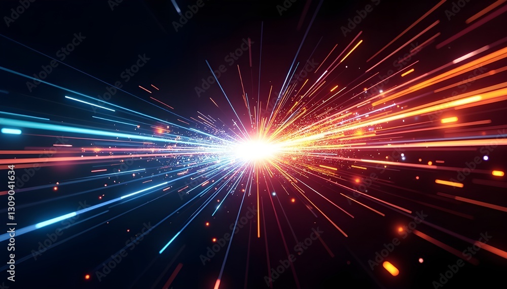 A dynamic vector illustration capturing an explosive burst of high-speed light motion on a pure black background. The light trails, consisting of vivid cyan, magenta, and golden hues, 