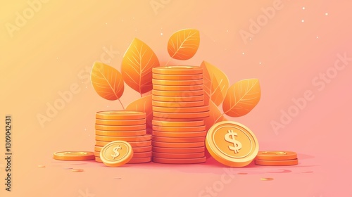 Financial growth stacked coins and leaves representing wealth digital artwork abstract style