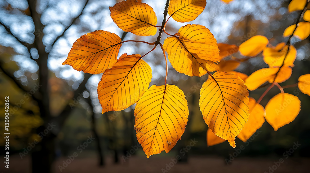 Close Up Of Yellow Autumn Leaves On A Branch Against Blurry Background Close Up Of Yellow Autumn Leaves On A Branch Against Blurry Background