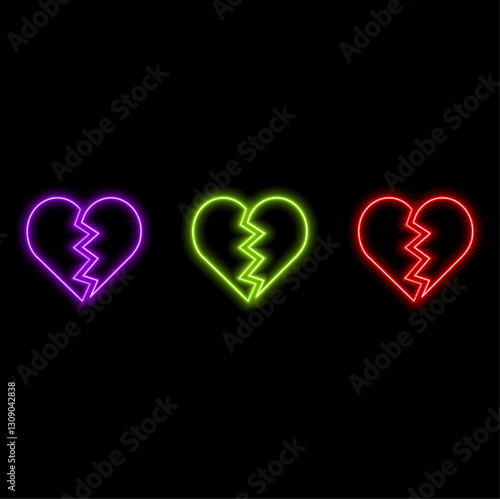 Broken heart neon icon. Unrequited love. Romantic sign. Valentine's Day emblem. Vector illustration