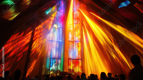 Pentecost celebration in a luminous church interior, where colored beams of light stream through stained glass windows onto a devoted congregation.