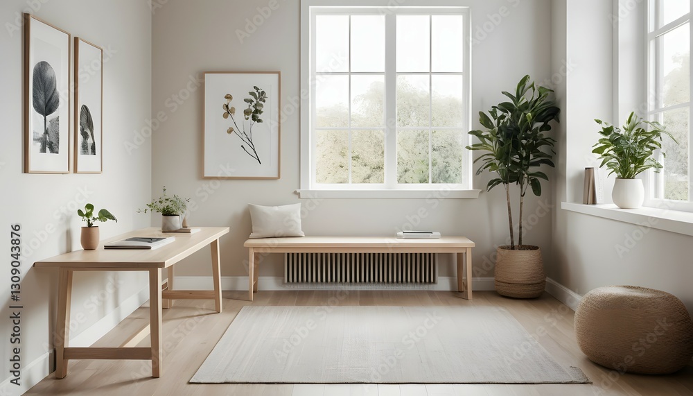 Bright and Minimalist Interior Design with Wooden Furniture and Plants Near Windows Bright and Minimalist Interior Design with Wooden Furniture and Plants Near Windows