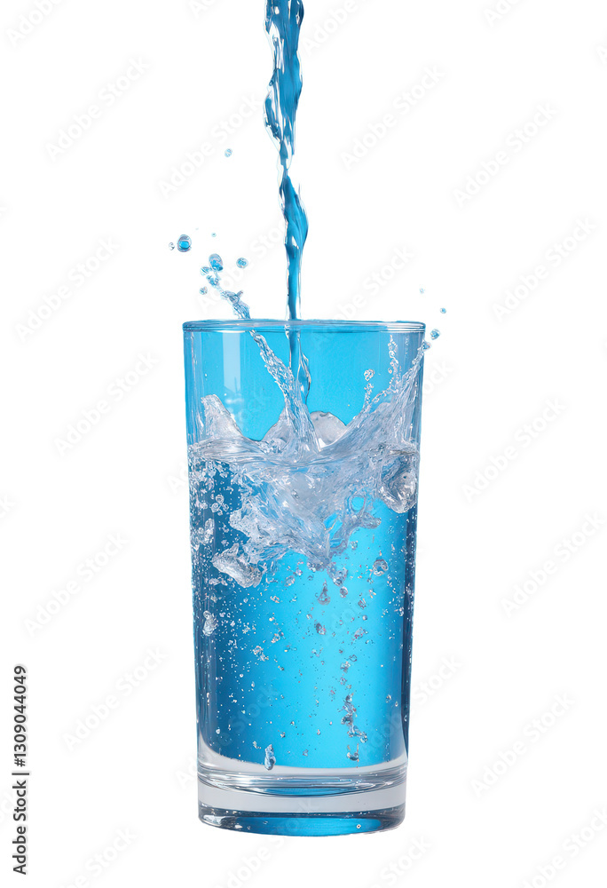 Water pouring into glass, splash of water on blue background Water pouring into glass, splash of water on blue background