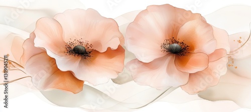 Two Delicate Light Coral Poppies on a White Watercolor Wash Background, Floral Design Element