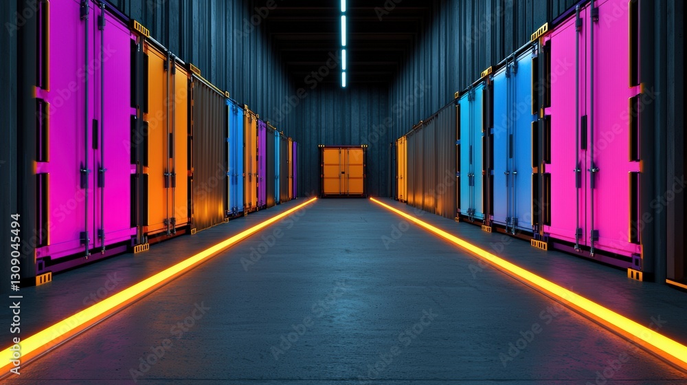 Fototapeta premium A vibrant hallway with colorful container doors and bright lighting, showcasing modern industrial design and creative space.