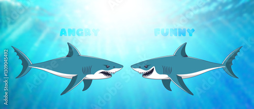 Vector cartoon emotional sharks, angry and smiling. Wild ocean toon fish predator. Underwater bright radiant blurred sea. Brutal and cheerful. Two fishes