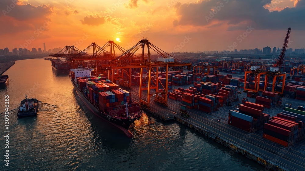 Fototapeta premium Sunset Over Container Port with Cargo Ships and Cranes