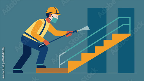 With a steady hand and a protective mask a construction worker welds a staircase railing ensuring its strength and stability.. Vector illustration