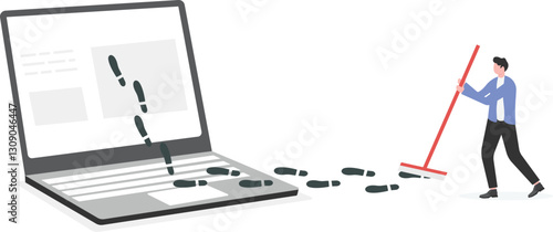 An illustration of businessman trying to clean his shoe prints from cell phone

