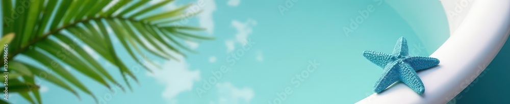 Blue starfish rests in white bathtub; small palm adds tropical touch , sea, simple Blue starfish rests in white bathtub; small palm adds tropical touch , sea, simple