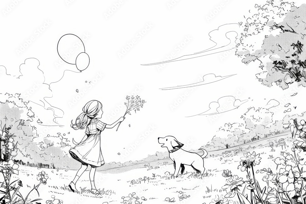 Obraz premium Adorable black and white line art illustration of a little girl and her dog playing fetch in a park, with trees, flowers, and a bright sunny sky.