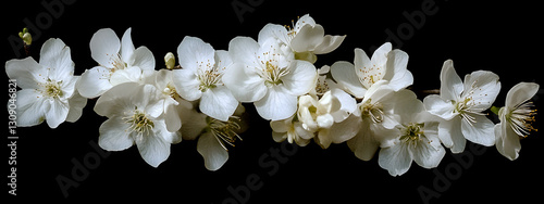 A few white plum blossoms blooming on a black background, macro photography
