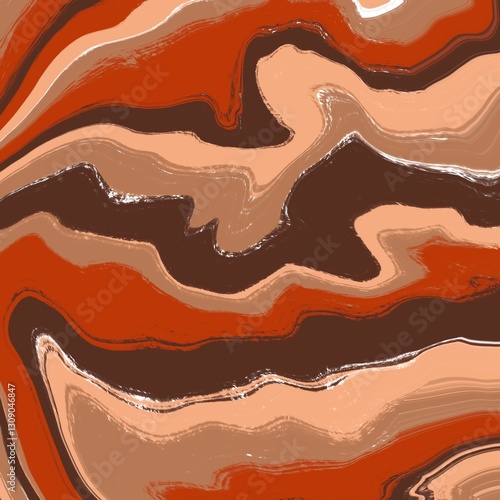 Abstract artwork featuring swirling patterns in earthy tones of brown, terracotta, and beige. The design creates a marbled effect with smooth, wavy lines blending into each other. 