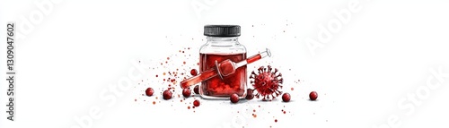 A vibrant image featuring a glass vial filled with red liquid, surrounded by virus symbols and splashes, representing health and science.