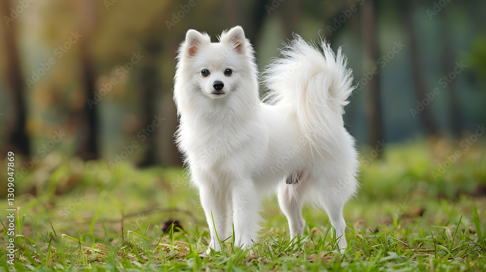 American Indian Spitz dog with a pure white coat, captured in a full-body portrait with a soft and fluffy appearance. American Indian Spitz dog with a pure white coat, captured in a full-body portrait with a soft and fluffy appearance.