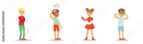 Sick Children Feeling Unwell Suffering and Needing Help Vector Set