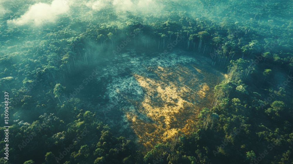 Dense green forest from above. Open clearing in trees. Sunlight hitting the ground. Aerial view of woodland area. Forest canopy in sunshine. Dense green forest from above. Open clearing in trees. Sunlight hitting the ground. Aerial view of woodland area. Forest canopy in sunshine.