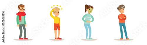 Sick Children Feeling Unwell Suffering and Needing Help Vector Set