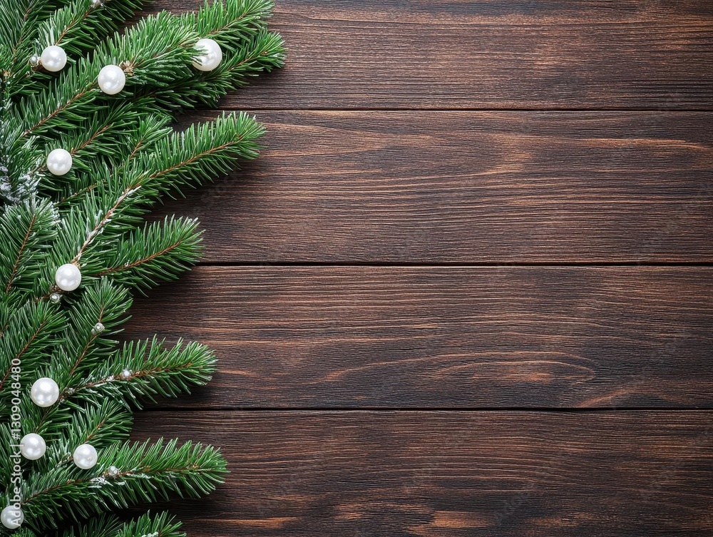 Stylish Christmas background with a dark wood texture and a green pine tree garland decorated with white pearls on the left side of the frame, top view Stylish Christmas background with a dark wood texture and a green pine tree garland decorated with white pearls on the left side of the frame, top view