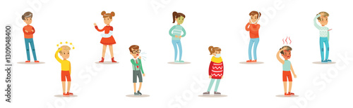 Sick Children Feeling Unwell Suffering and Needing Help Vector Set