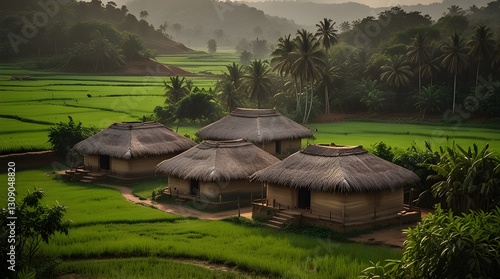 A serene image of a rural Indian village with mud huts, traditional thatched roofs.generative.ai