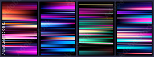 Set of glowing futuristic neon lights in high speed streaks and contrast lines. Light trails of high-tech universe shine in neon tones with visual symphony of speed and energy for banner, flyer, cover