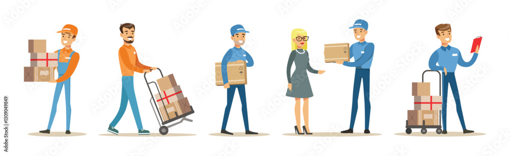 Man Carrier Worker in Uniform Carry Delivery Box Vector Set Man Carrier Worker in Uniform Carry Delivery Box Vector Set