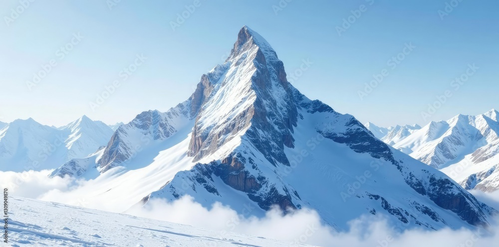 A solitary mountain peak rising from a snowy landscape, peak, snow A solitary mountain peak rising from a snowy landscape, peak, snow