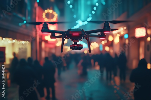 Wallpaper Mural Drone flying over a bustling city street at night, capturing vibrant lights and blurred pedestrians.  Aerial photography, technology, urban scene. Torontodigital.ca