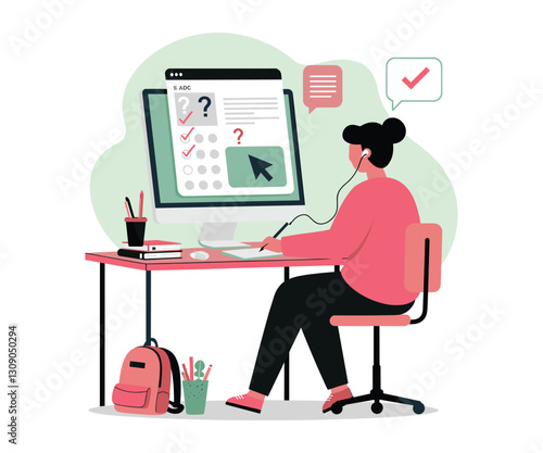 Student Confidently Taking Online Test – Flat Vector Illustration