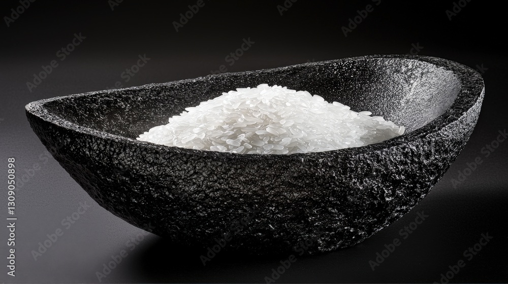 Freshly Cooked White Rice in a Textured Black Bowl Isolated Brightly Freshly Cooked White Rice in a Textured Black Bowl Isolated Brightly