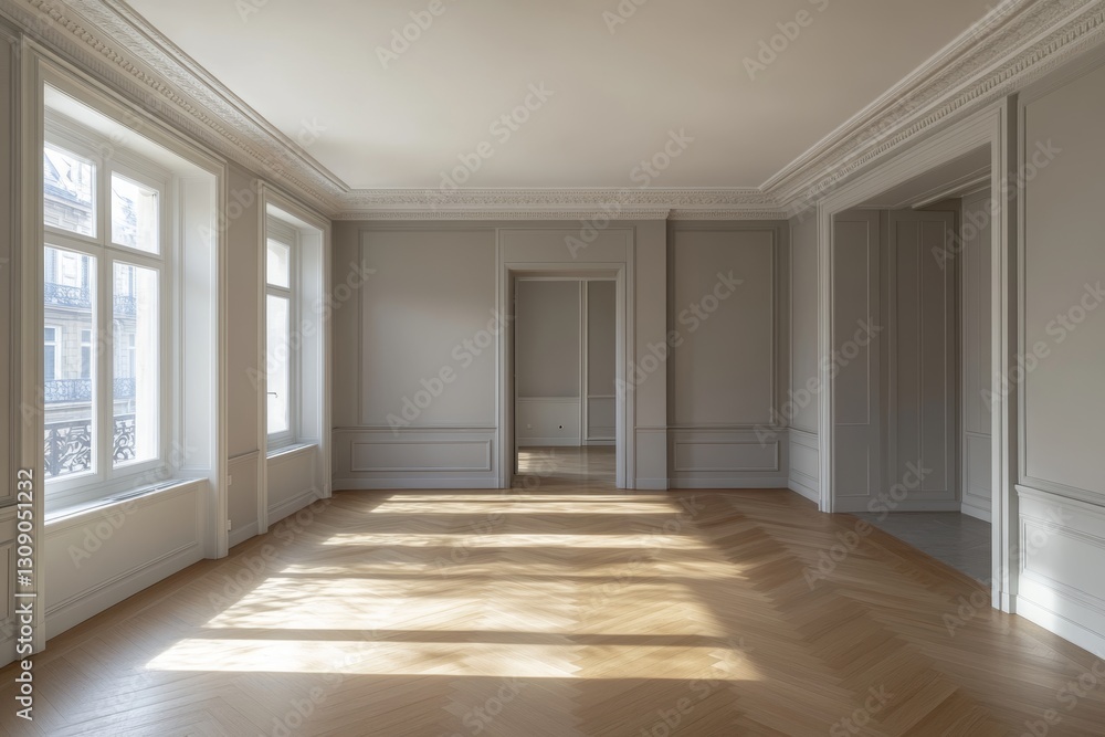 Obraz premium Modern living room interior featuring three white windows and light gray walls with parquet flooring