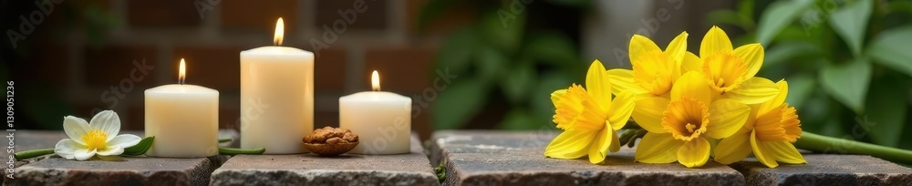 Obraz premium Candles and daffodils on a rustic stone table, stone, table