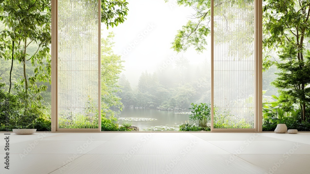 Naklejka premium Serene Zen Retreat with Peaceful Nature View Through Open Doors