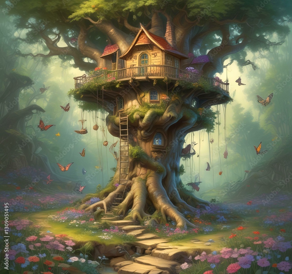 Fototapeta premium Illustration of goblin house in green forest.