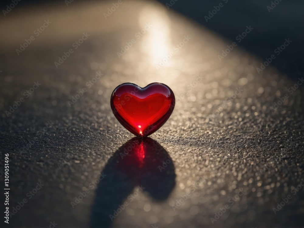 Fototapeta premium Elegant Red Glass Heart Symbol of Romance: Vibrant Valentine's Day Photography with Shimmering Reflections and Tender Sentiment