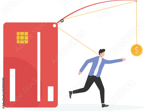 An illustration of an exhausted businessman trying to reach a dollar bill bait

