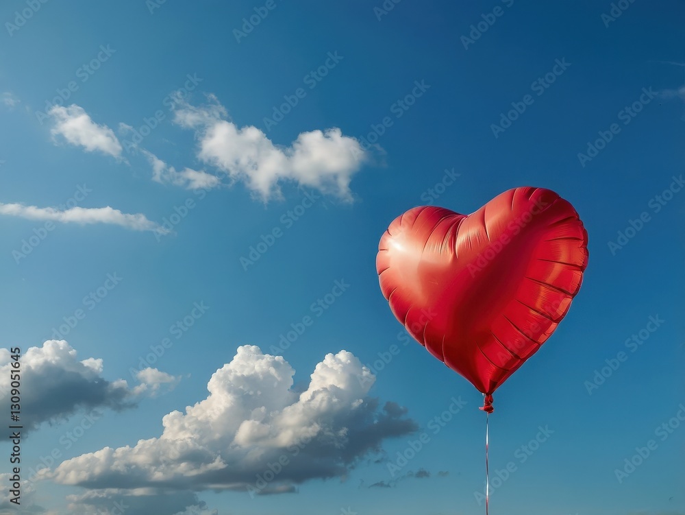 Fototapeta premium Red Heart Balloon in Blue Sky: Romantic Love Symbol for Valentine's Day Celebration and Party Decoration