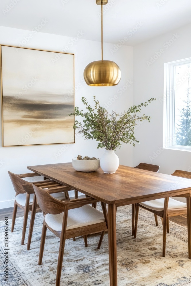 Modern dining room with wooden table and chairs, neutral tones, art, and pendant light. Modern dining room with wooden table and chairs, neutral tones, art, and pendant light.