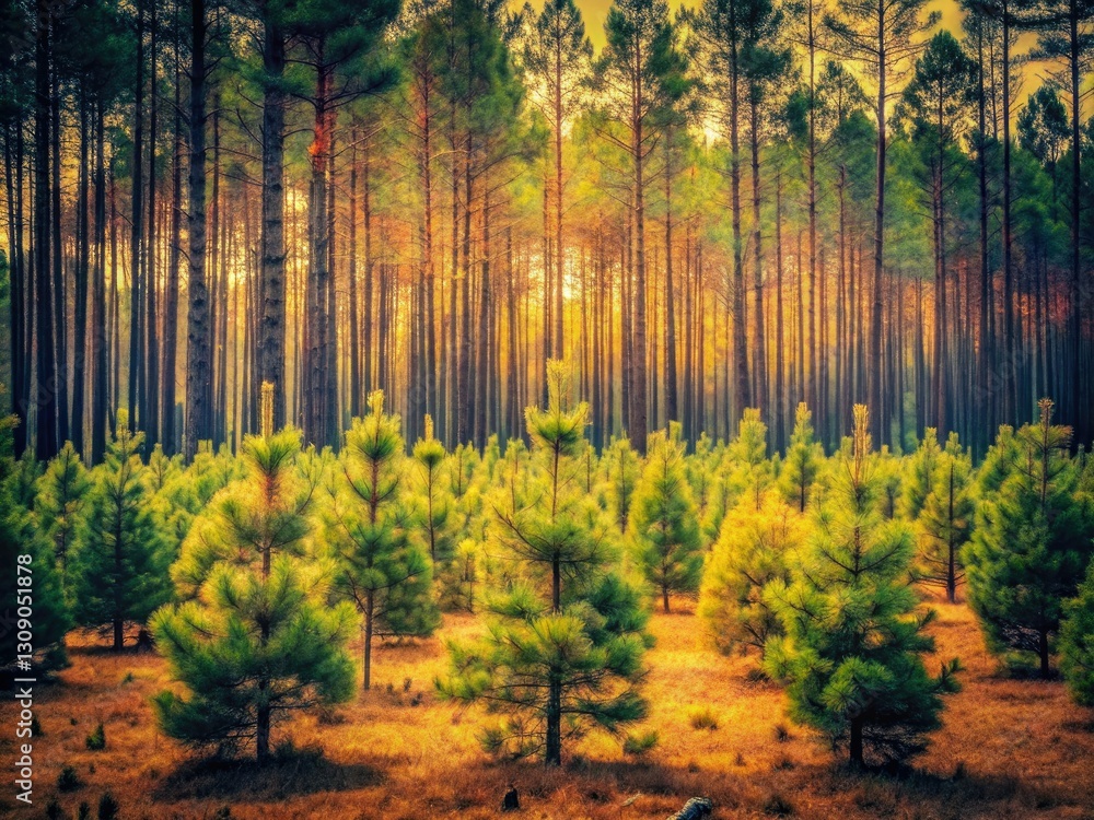 Fototapeta premium Ancient trees loom over a young pine plantation, captured in vintage forest photography.