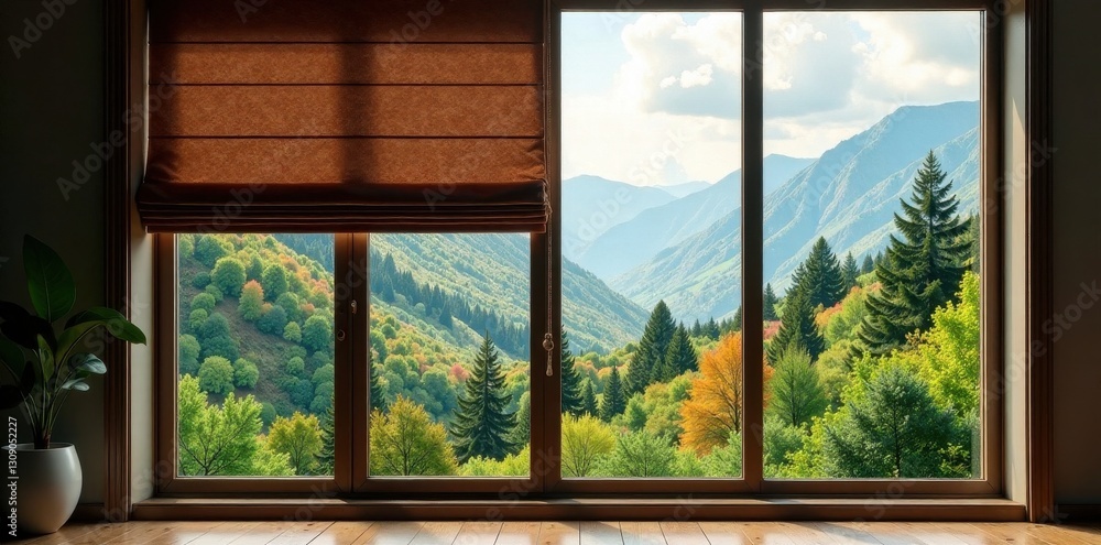 Naklejka premium Deep brown roman blind against panoramic forest and mountain vista , interior design, house