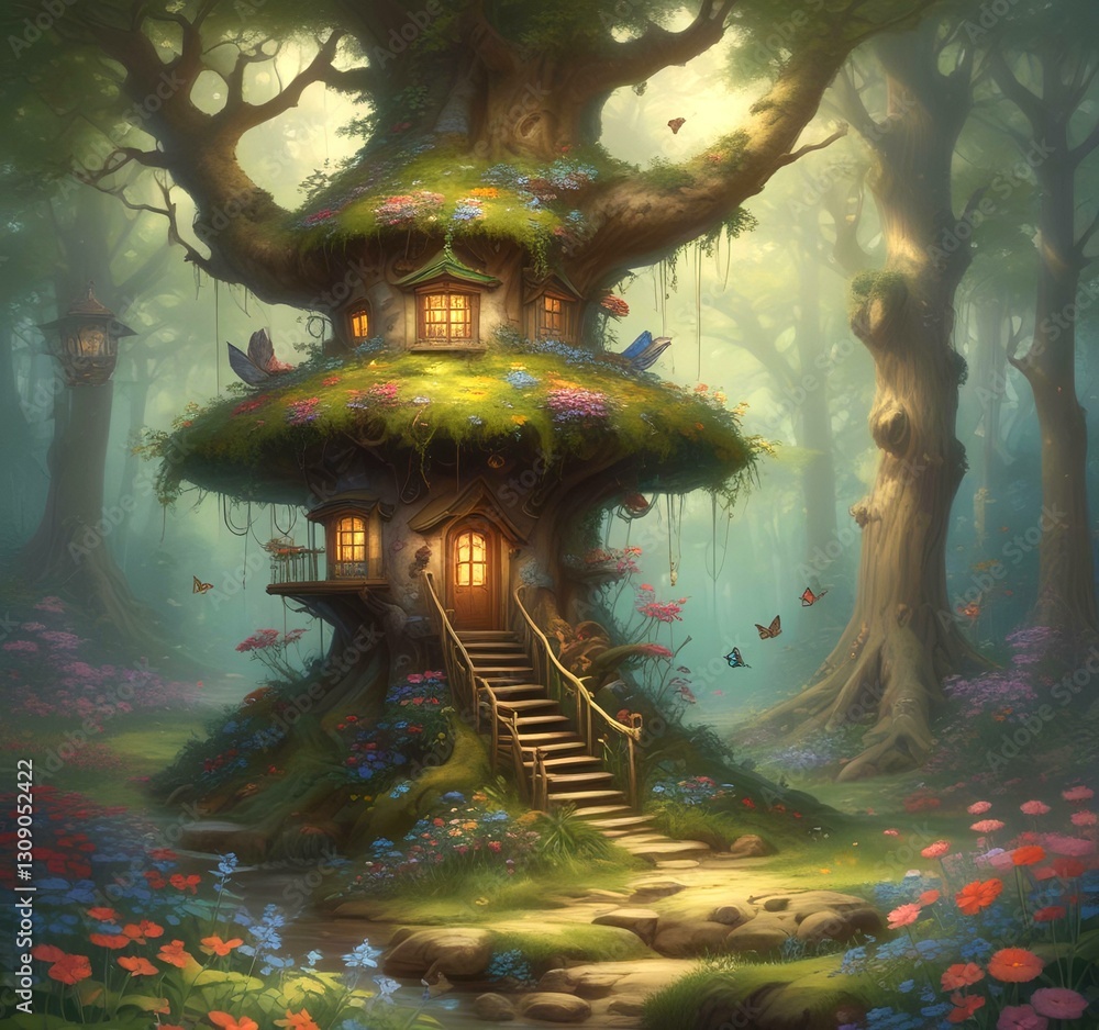 Obraz premium Illustration of goblin house in green forest.
