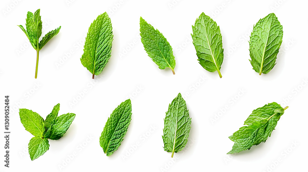 Arrangement of Fresh Green Mint Leaves with Shadows Isolated on White Background Arrangement of Fresh Green Mint Leaves with Shadows Isolated on White Background