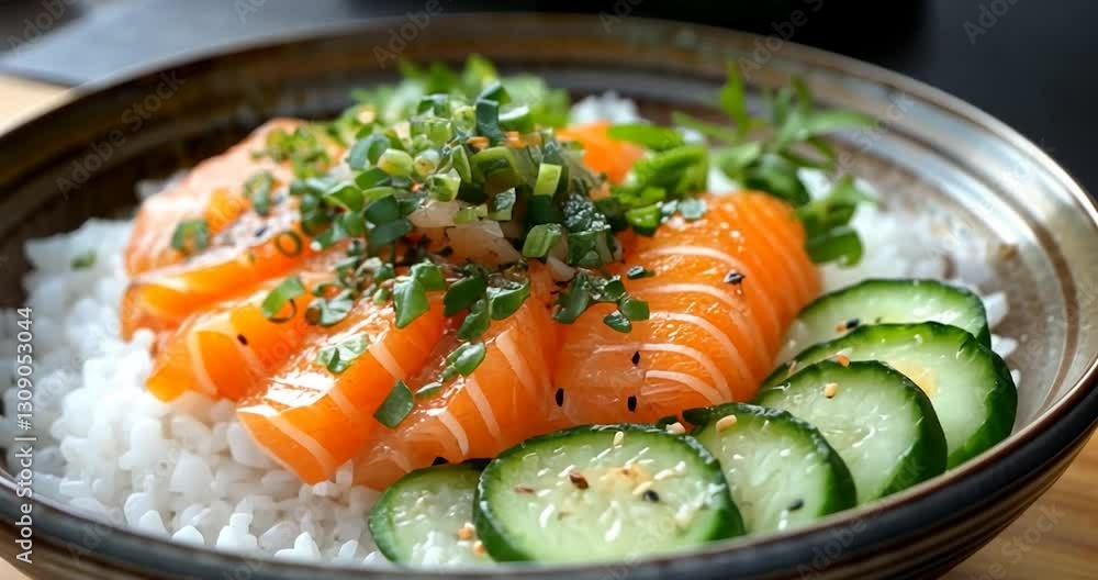 Closeup Of Salmon Rice Bowl With Cucumber And Sesame Seeds for Dinner Meal Photography With Ingredients Like Salmon, Cucumber, And Sesame Seeds in an Asian Bowl. This Is A Fresh Food Photography Closeup Of Salmon Rice Bowl With Cucumber And Sesame Seeds for Dinner Meal Photography With Ingredients Like Salmon, Cucumber, And Sesame Seeds in an Asian Bowl. This Is A Fresh Food Photography