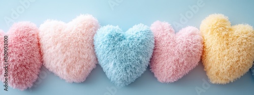 Colorful and Fluffy Heart-Shaped Cushions on a Soft Blue Background Ideal for Home Decor