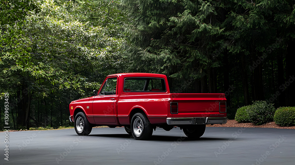 Fototapeta premium Red Classic Pickup Truck Parked On Asphalt Road In Front Of Forest During Daylight