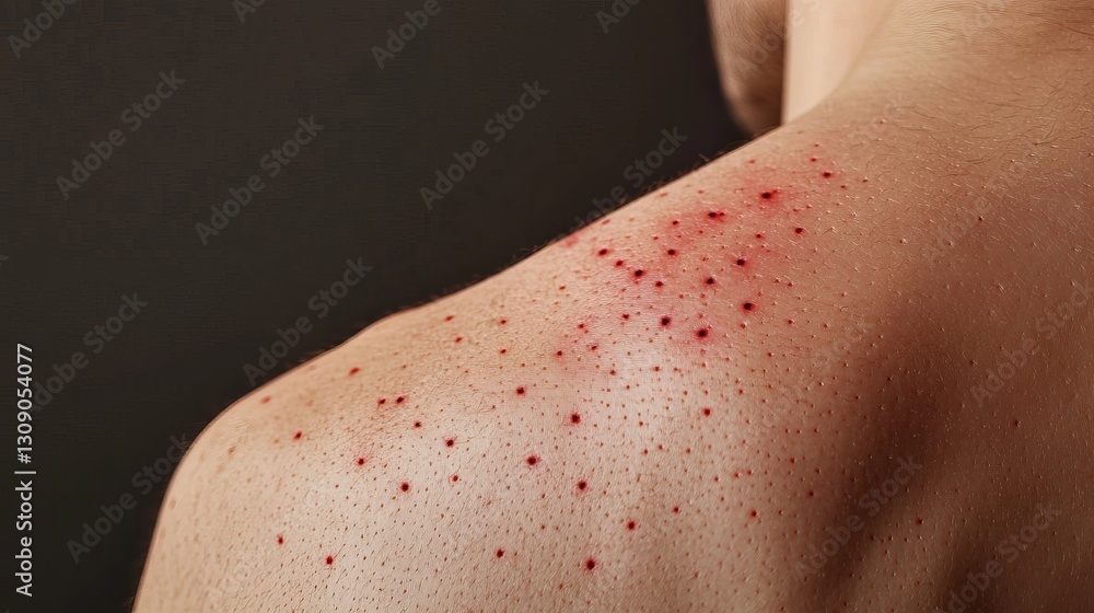 Fototapeta premium Closeup Detailed Image of Human Skin with Numerous Small Red Spots and Blemishes Detailed Medical Dermatology Texture Background body rash hair real 