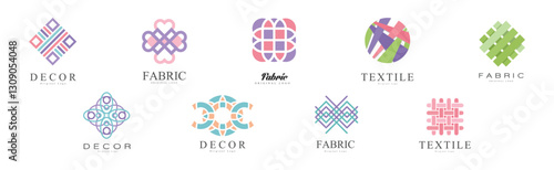 Fabric and Textile Abstract Logo Design with Embroidery Ornament Vector Set