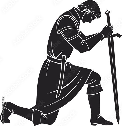 Noble Knight Silhouette Kneeling with Sword